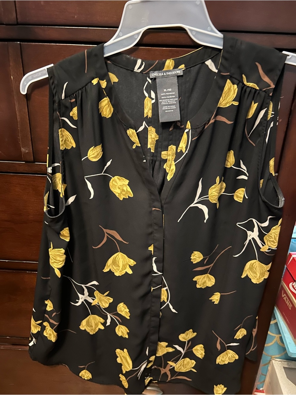 Chelsea & Theodore Black Sleeveless Blouse with Yellow Floral Print